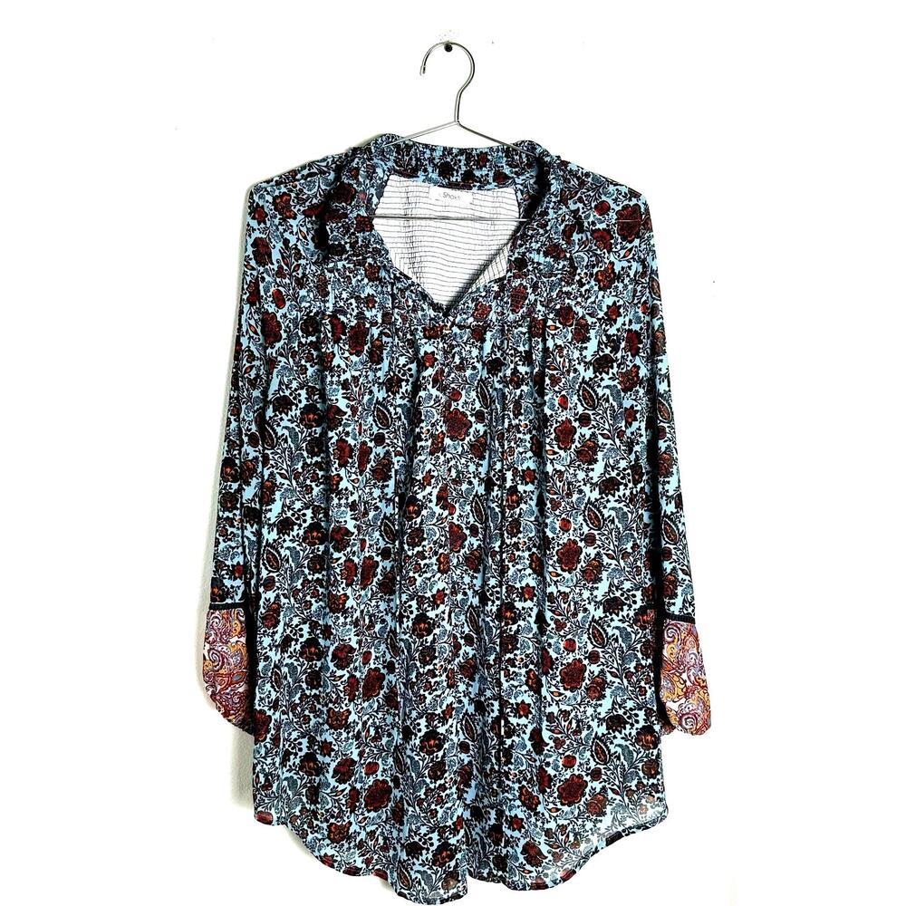 Eshakti Blue Pink Floral Printed Blouse Top sz 2X